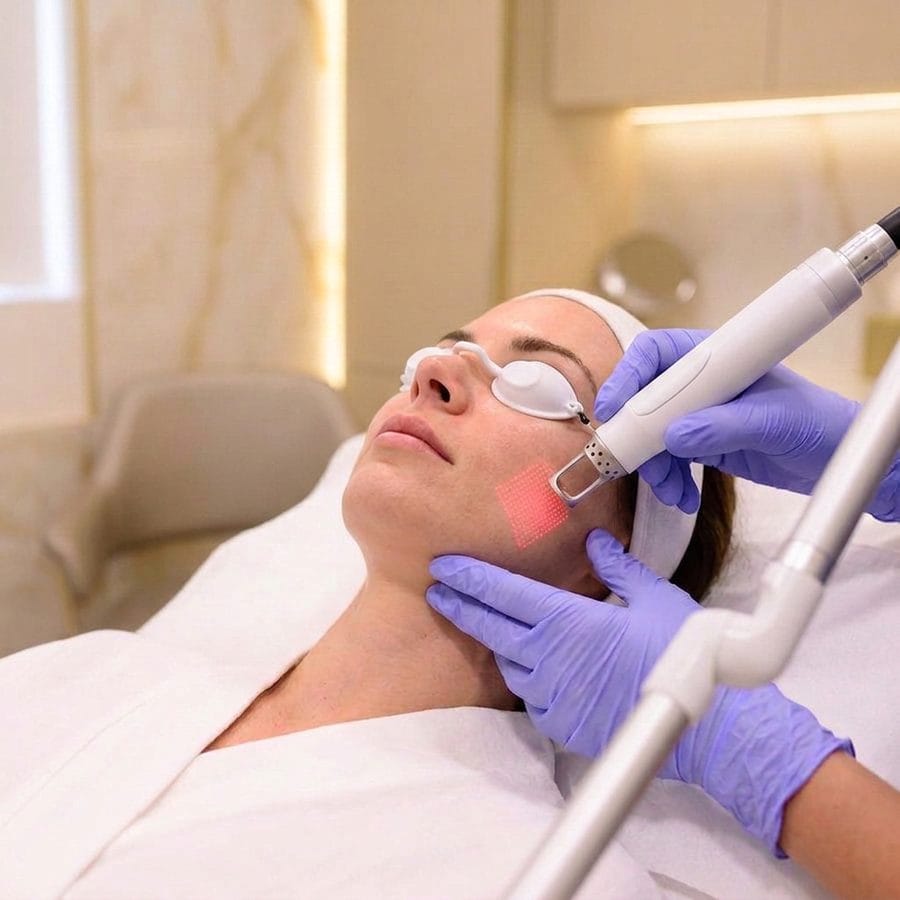 Fractional CO2 laser skin resurfacing treatment on a client's cheek with protective eye shields, Davie FL med spa