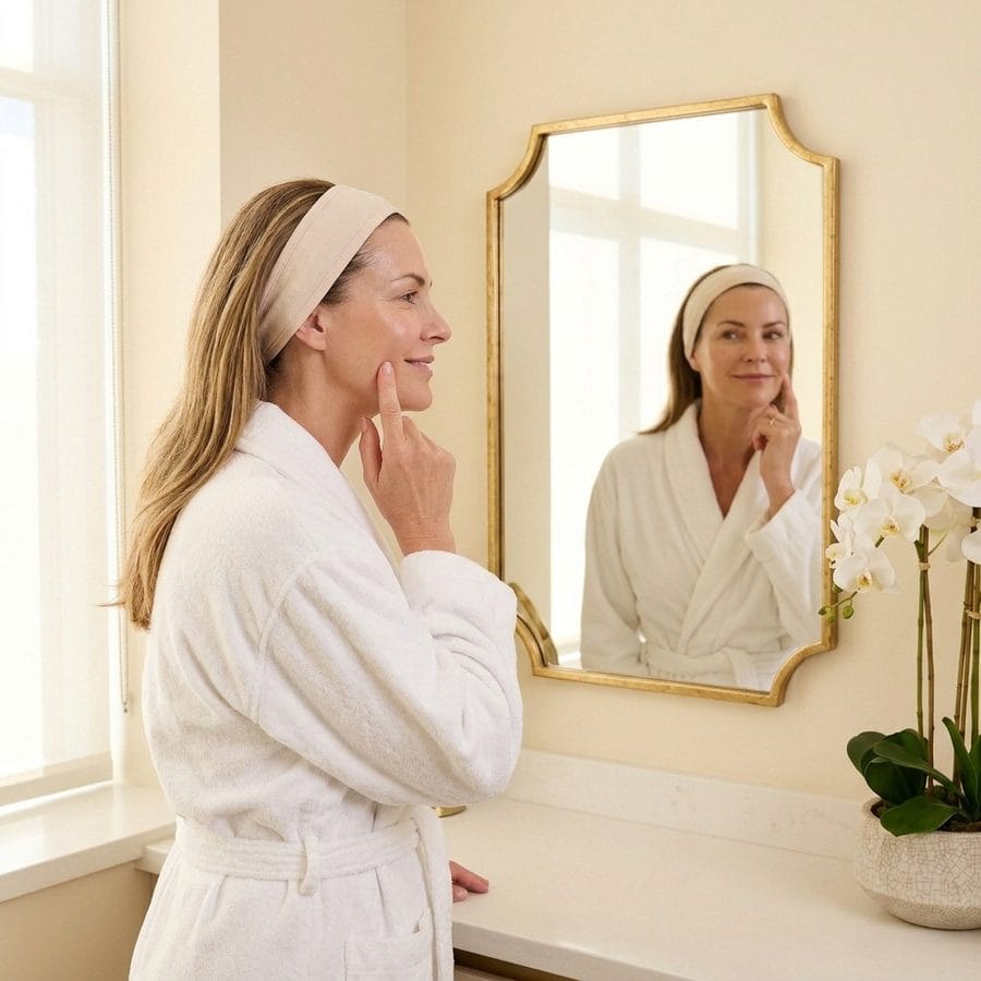 Client admiring natural-looking injectables results in the mirror at Dives Med Spa in Davie, FL
