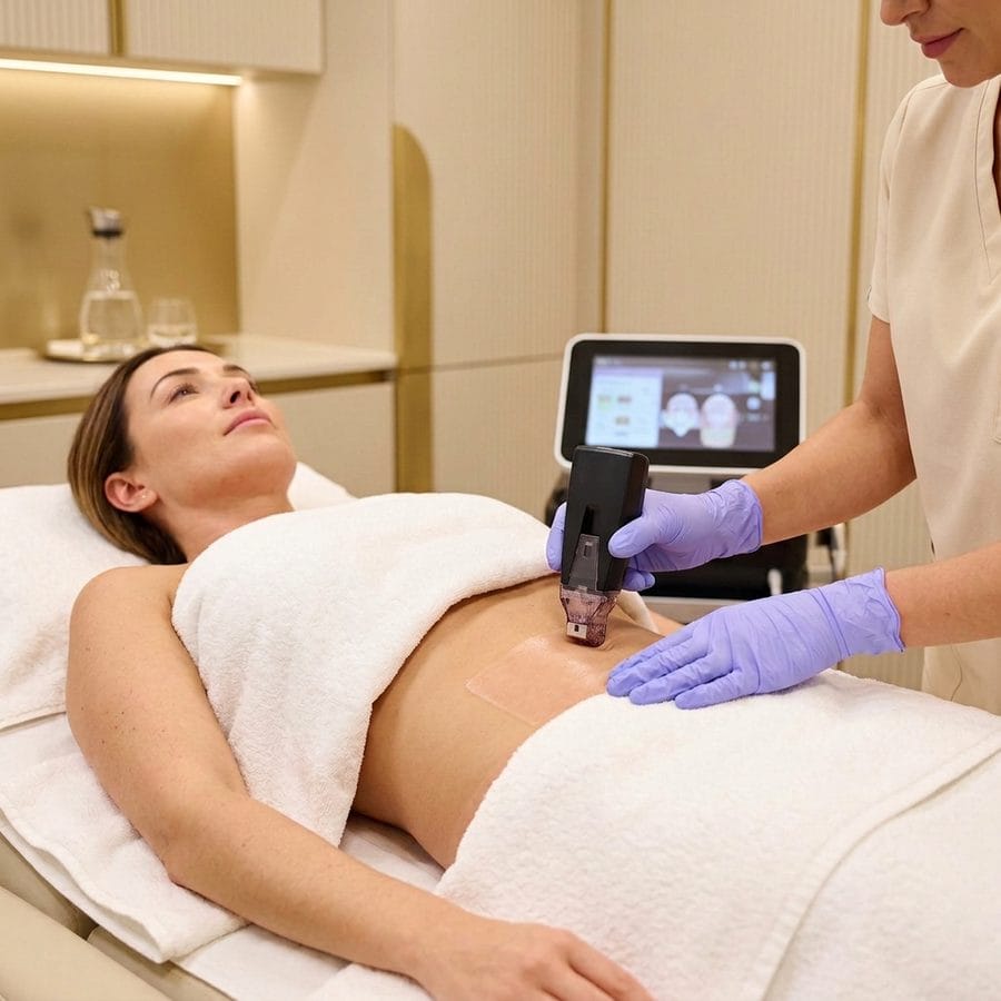 Morpheus8 body treatment on the abdomen for skin tightening at a Davie, FL med spa