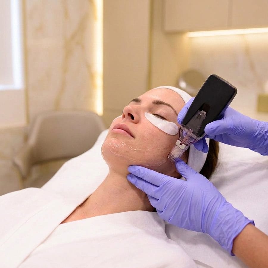 Morpheus8 RF microneedling treatment being performed on a client's jawline at Dives Med Spa in Davie, FL