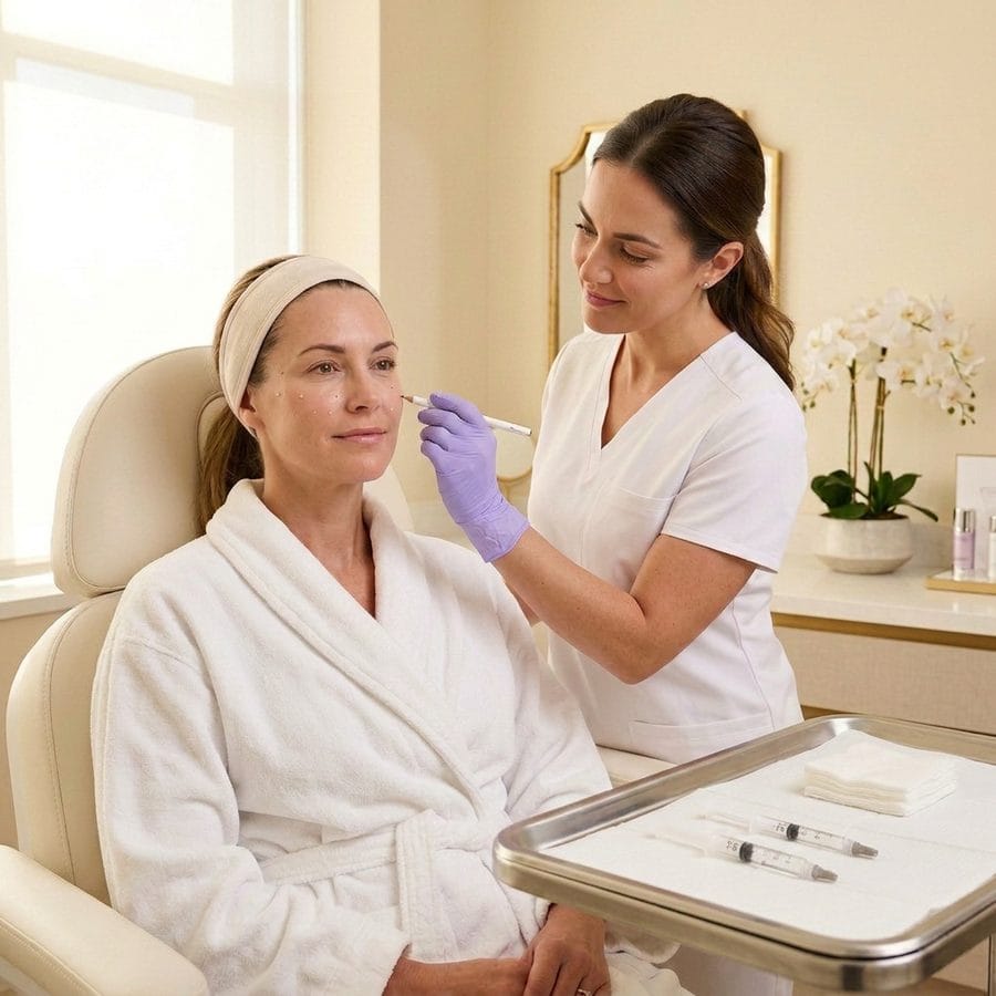 Provider marking treatment guide points before a Sculptra collagen-stimulating treatment at Dives Med Spa